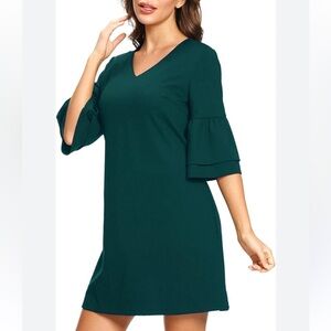 Donna Morgan Teal Turquoise Deep Green V-Neck Bell Sleeve Shift Dress size 10